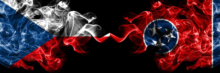 Czech Republic, Czech vs United States of America, America, US, USA, American, Tennessee smoky mystic flags placed side by side. Thick colored silky abstract smoke flags.