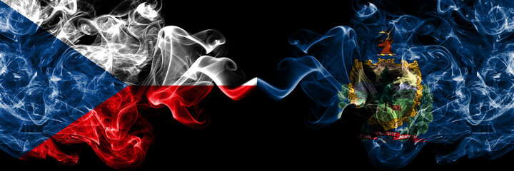 Czech Republic, Czech vs United States of America, America, US, USA, American, Vermont smoky mystic flags placed side by side. Thick colored silky abstract smoke flags.