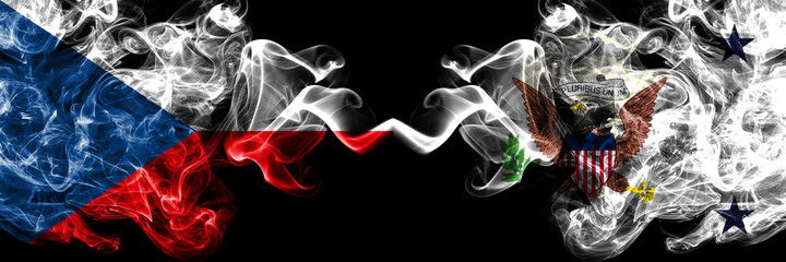 Czech Republic, Czech vs United States of America, America, US, USA, American, Vice President smoky mystic flags placed side by side. Thick colored silky abstract smoke flags.