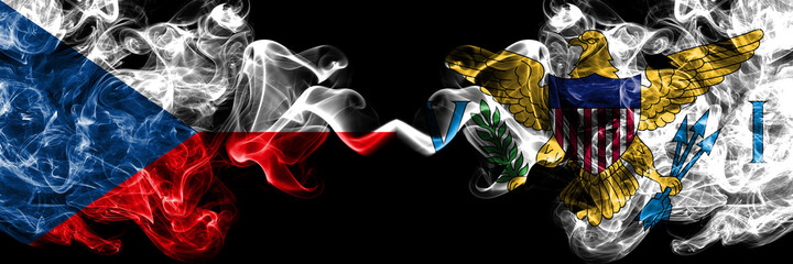 Czech Republic, Czech vs United States of America, America, US, USA, American, Virgin Islands smoky mystic flags placed side by side. Thick colored silky abstract smoke flags.