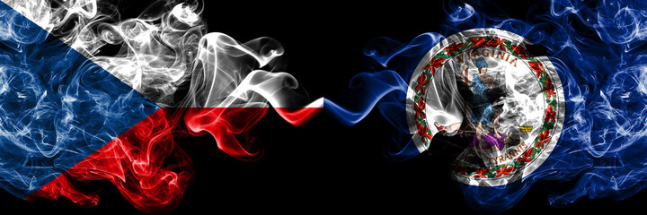 Czech Republic, Czech vs United States of America, America, US, USA, American, Virginia smoky mystic flags placed side by side. Thick colored silky abstract smoke flags.
