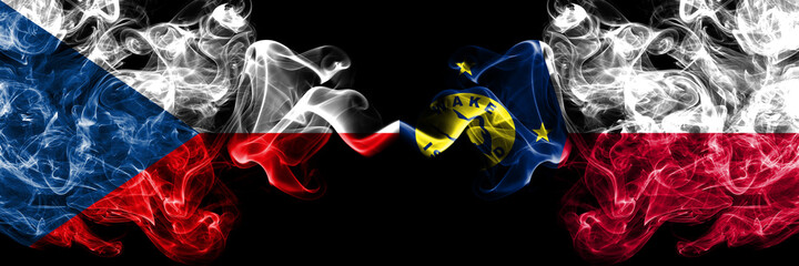 Czech Republic, Czech vs United States of America, America, US, USA, American, Wake Island smoky mystic flags placed side by side. Thick colored silky abstract smoke flags.