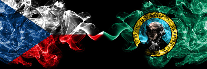 Czech Republic, Czech vs United States of America, America, US, USA, American, Washington smoky mystic flags placed side by side. Thick colored silky abstract smoke flags.