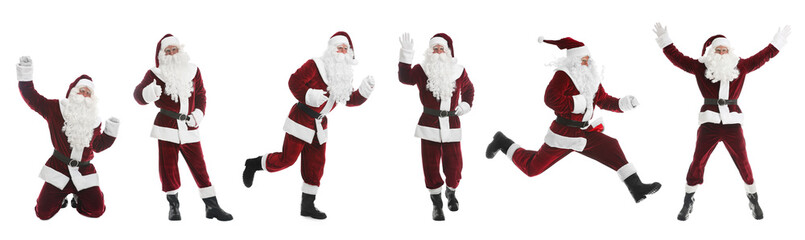 Collage with photos of Santa Claus on white background. Banner design