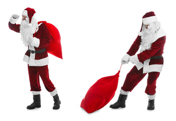 Collage with photos of Santa Claus on white background