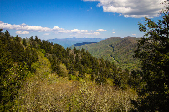 Newfound Gap road winds through the steep rugged terrain of the Great Smoky Mountains National Park in Tennessee.