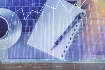 Multi exposure of forex chart drawing and work table top veiw. Concept of financial analysis.