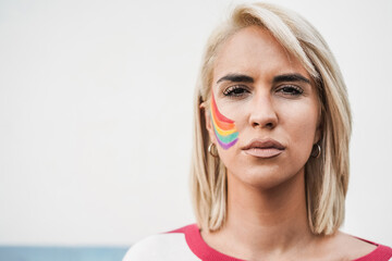 Young woman during gay pride protest - Lgbt and female power concept - obrazy, fototapety, plakaty