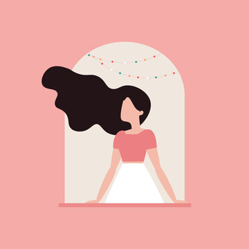 Woman with long dark hair blowing in the wind looking through window. New Year or Christmas celebration. Lockdown. Vector illustration in flat style.	