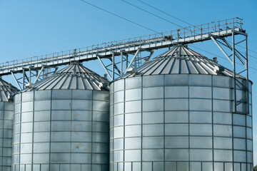 silver silos on agro manufacturing plant for processing drying cleaning and storage of agricultural products, flour, cereals and grain. Large iron barrels of grain. Granary elevator