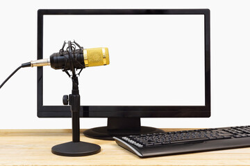 Condenser microphone against the background of computer controls