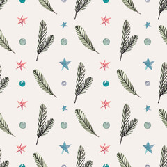 Christmas pattern illustration for textiles with hand drawn watercolor objects. Christmas branch, lights and stars. Wrapping paper. White background