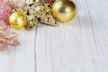 Christmas decorations on a wooden background with copy space