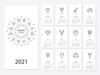 Calendar 2021 with horoscope signs zodiac symbols set