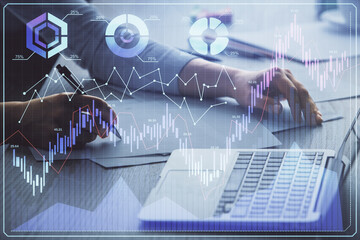 Double exposure of businesswoman hands typing on computer and forex chart hologram drawing. Financial analysis concept.