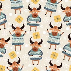 Seamless pattern with bulls. Symbol of the Year