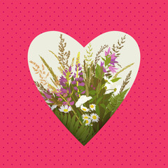 Template greeting cards and invitations with a heart and flowers. Can be used for scrapbook, banner, print, etc.