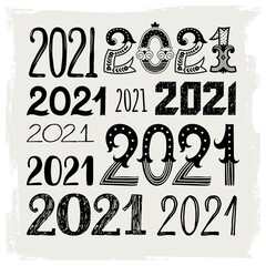 Set of templates with the number 2021. Freehand drawing. Can be used for scrapbook, banner, print, etc.