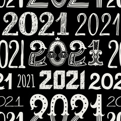 Seamless pattern with the number 2021. Freehand drawing. Can be used for scrapbook, banner, print, etc.