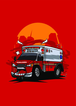 Illustration ambulance monster car, high quality colored design with fun concept, made from original sketch and digitalize using corel draw, photoshop, adobe illustrator. Available in CDR. Ai. EPS. 