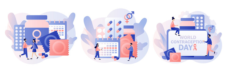 World Contraception Day. Contraceptive methods in sexual and reproductive health. Safe sexual behavior, birth fertility control. Modern flat cartoon style. Vector illustration on white background