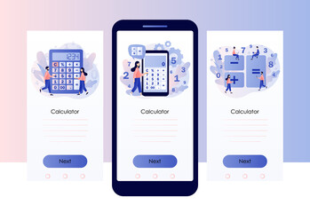 Calculator app. Tiny people with calculating. Accounting, financial analytics, bookkeeping,  budget calculation. Screen template for mobile smart phone. Modern flat cartoon style. Vector illustration
