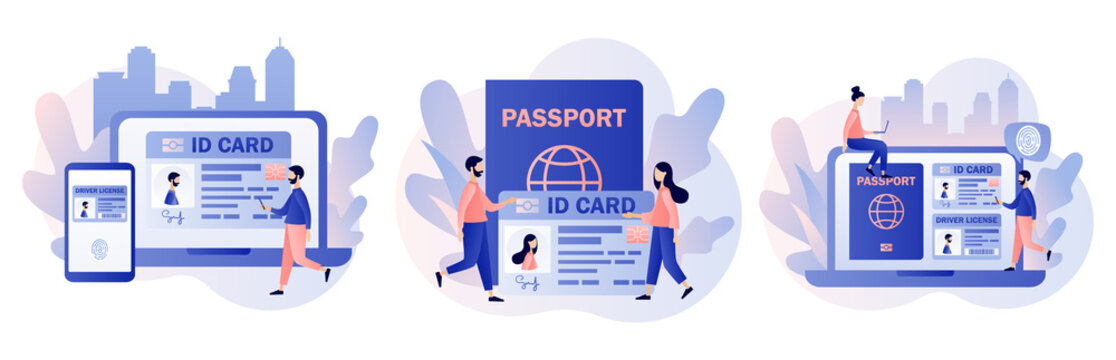 Smart ID card. Digital passport and Driver license. Electronic identity card. Biometric documents. Modern flat cartoon style. Vector illustration on white background