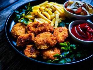 Fried breadcrumb chicken nuggets with French fries and vegetables
