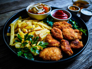 Fried breadcrumb chicken nuggets with French fries and vegetables
