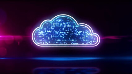 Cloud symbol, digital data storage, computer technology, online database and cyber computing concept animation. Abstract neon loopable and seamless 3d rendering animation.