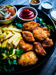 Fried breadcrumb chicken nuggets with French fries and vegetables
