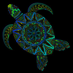 Colored vector turtle in zentangle style on a black background