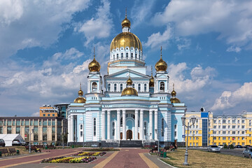 Cathedral of St. Theodore Ushakov in Saransk, Russia. It is named for Russian saint and admiral Fyodor Ushakov. Text above the entrance reads: Cathedral of the Holy Righteous Warrior Theodore Ushakov.