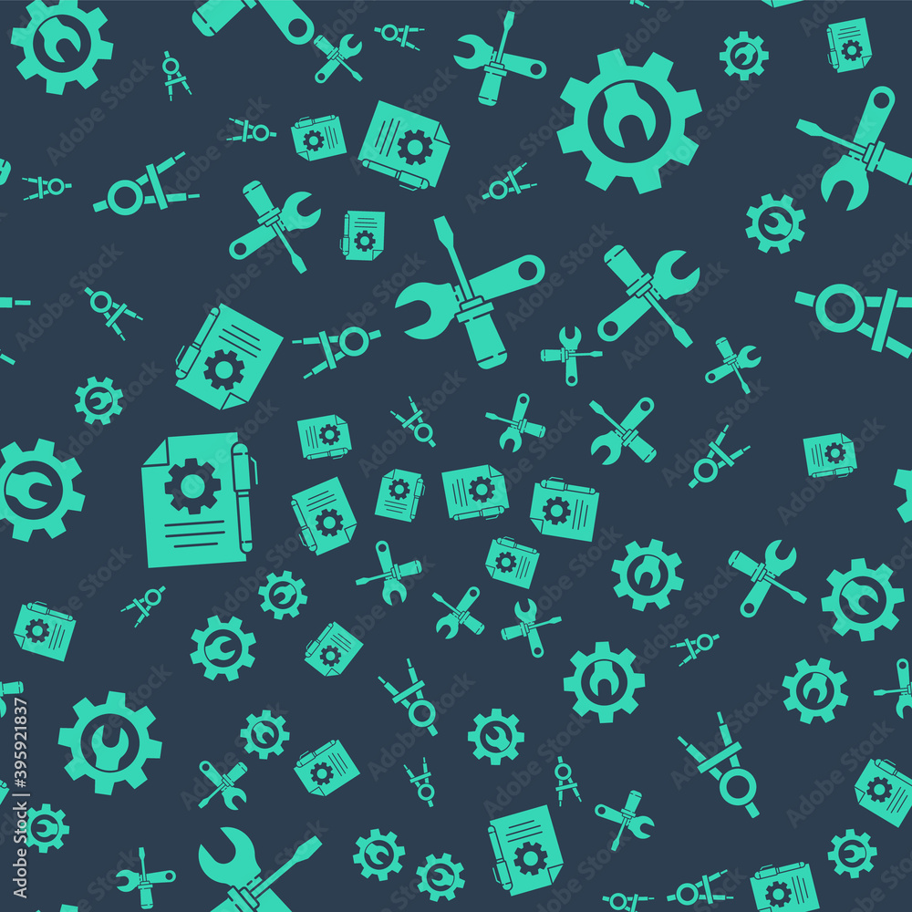 Poster set screwdriver and wrench spanner, wrench spanner and gear, document settings and pen and drawing c