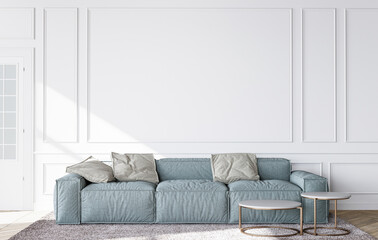 Blue sofa in contemporary living room, minimal design with empty white wall