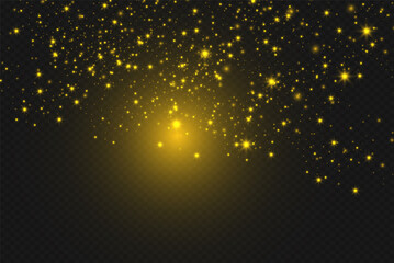 Sparkling magic dust. On a textural black background. Celebration abstract background from small sparkling dust particles and stars. Magic effect Festive vector illustration.