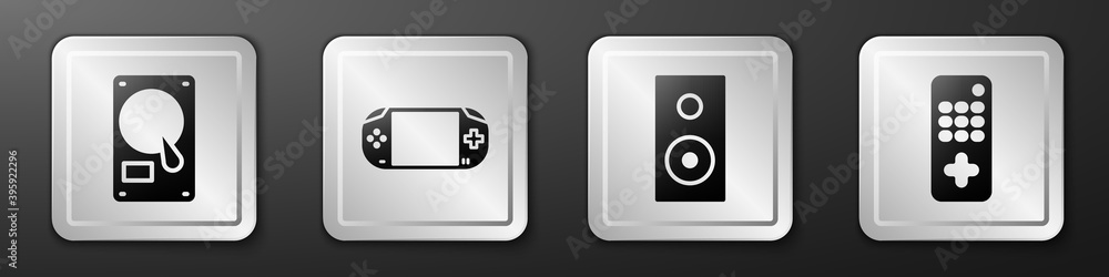 Poster set hard disk drive hdd, portable video game console, stereo speaker and remote control icon. silver