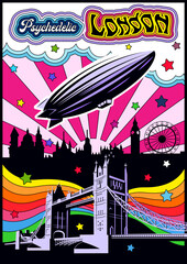 Psychedelic London Illustration, London's Showplaces, Tower Bridge, Dirigible