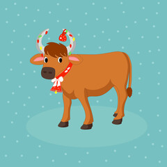 Christmas card of a calm, happy bull, with garlands and a gift on the horns. Vector cartoon illustration.