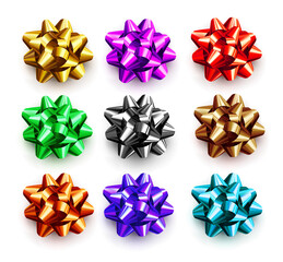 Multicolored bows for gifts isolated on white background. Decorative festive decoration elements for birthday, Christmas and New Year.