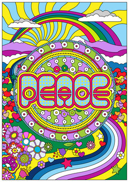 Peace and Love Hippie Art Style Poster, Mosaic Floral Illustration, Rainbows, Clouds, Sun