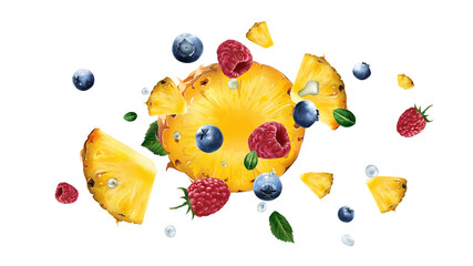 Raspberries, pineapple and blueberries flying on a white background.