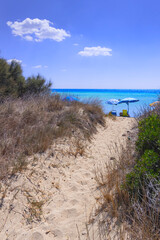 Fototapeta na wymiar Footpath between sea dunes in Apulia,Italy. Lido Marini beach stretches for more than two kilometres, in the area of the municipalities of Salve and Ugento in Salento.