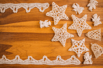 Fototapeta na wymiar traditional Christmas tree decorations made of crochet yarn, christmas, handmade
