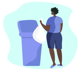 Character Throwing Trash Waste Into Containers and Recycling Plastic,Paper or other Rubbish Garbage.Protect Ecology.Sorting Waste into Different Tanks.Throw Garbage.Household.Flat Vector Illustration