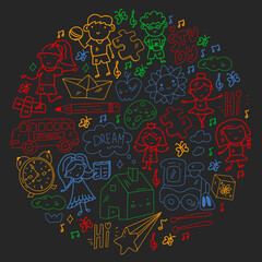 Vector pattern. School and online education. Little boys and girls play and grow together.