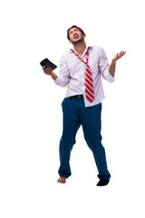 Young male bookkeeper with calculator isolated on white