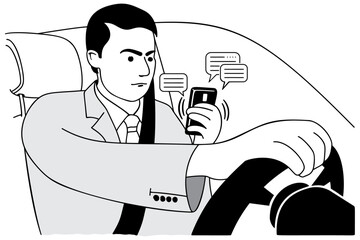 Man Typing Text Message On Mobile Phone While Driving Car. Dangerous driving while typing text message. Vector and illustration.