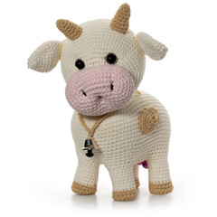 White bull on a white background. Knitted toy. Full depth of field. With clipping path.