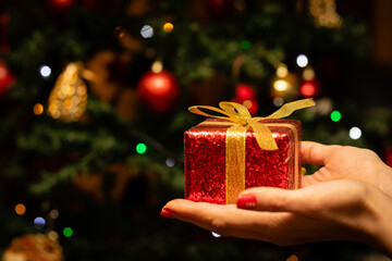 クリスマスプレゼントを持った女性の手